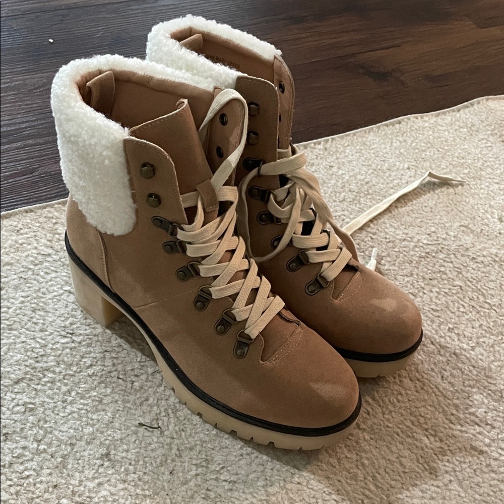 Vici Tan Lace-Up Boots with Cream Accents
